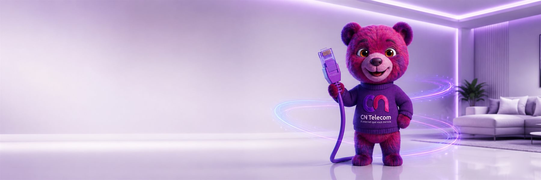 Ceninho, mascote da CN Telecom, segurando um cabo de rede em um ambiente iluminado por trilhas de luz
